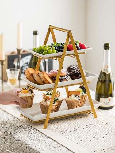 YHOSSEUN 3 Tier Serving Tray, 10+12+14 Inch Serving Platters and Tray, Gold | Porcelain Tiered Tray Stand, 3 Tiered Serving Stand Dessert Stands Treat Table Display Set with Collapsible Sturdier Rack - color: D-Gold Stand, size: 10+12+14 Inches