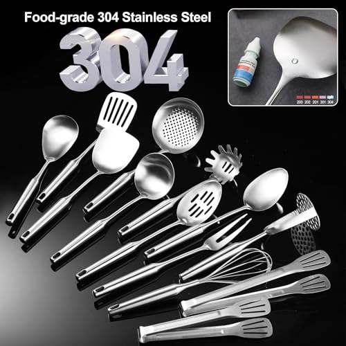 Stainless Steel Kitchen Utensils 13 PCS All Metal Set for Cooking | Food-grade 304;Dishwasher Safe;Made To Last;Meets All Needs;Great Choice for Gifts - color: Natural-13