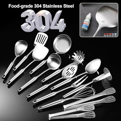 Stainless Steel Kitchen Utensils 13 PCS All Metal Set for Cooking | Food-grade 304;Dishwasher Safe;Made To Last;Meets All Needs;Great Choice for Gifts - color: Natural-13