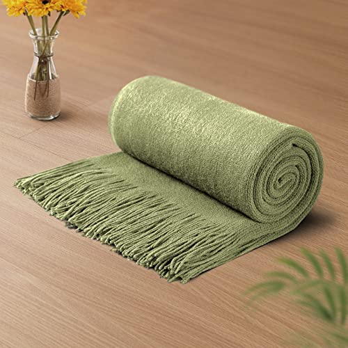 Vonty Olive Green Knitted Throw Blanket with Tassels Fringe, 50x60 Acrylic | Super Soft And Lightweight, Year-Round Cozy Warmth, Farmhouse Decorative Style, Machine Washable, for Couch, Sofa or Bed - color: Olive Green, size: 50" x 60"