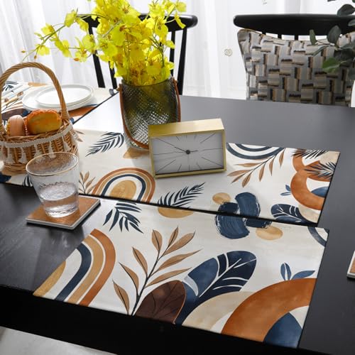 Table Runner and Placemats Set of 4 Bohemian Abstract Leaves Decorative Dining Table Runner with Matching Placemats Modern Art Table Decor for Kitchen Dining Room and Everyday Use 13x70in - size: 13"x70"+4pcs