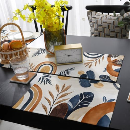 Table Runner and Placemats Set of 4 Bohemian Abstract Leaves Decorative Dining Table Runner with Matching Placemats Modern Art Table Decor for Kitchen Dining Room and Everyday Use 13x70in - size: 13"x70"+4pcs