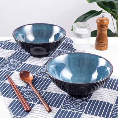 Ceramic Japanese Ramen Bowl Set, 2 Sets Asian Pho Udon Soup Noodle Bowls with Spoons and Chopsticks (Starry Blue, 8 inches) - color: Starry Blue