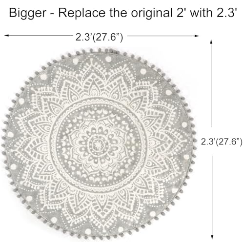 Uphome Small Round Rug 2.3’ Grey Mandala Boho Bathroom Rugs with Pom Poms Fringe Washable Circle Shower Mat Soft Non-Slip Cute Circular Throw Rug for Sink Powder Room Bedroom Kids Room Nursery - color: Gray-upgraded, size: 2.3' Round