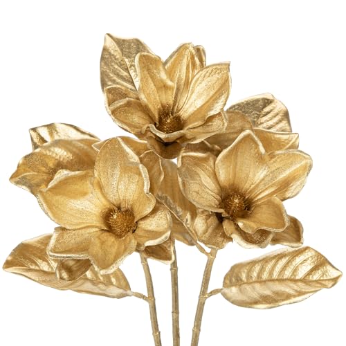 Briful Set of 3 Gold Magnolia Floral Stems 26in Magnolia Artificial Flowers Silk Magnolia Flower Branches for Christmas Home Office Table Vase Decor - color: Gold