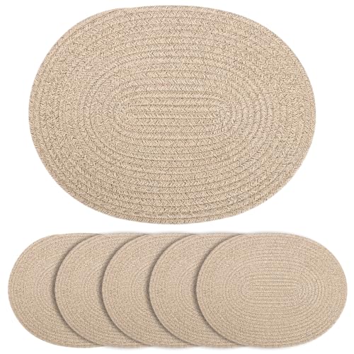 Oval Woven Cotton Placemats Set of 6, Thick Braided Rope Table Mats, 17 x 13 Inches Large Non Slip Heat Resistant Place Mats for Dining Table, Farmhouse Boho Hot Pads for Kitchen Decor (6, Brown) - color: Brown