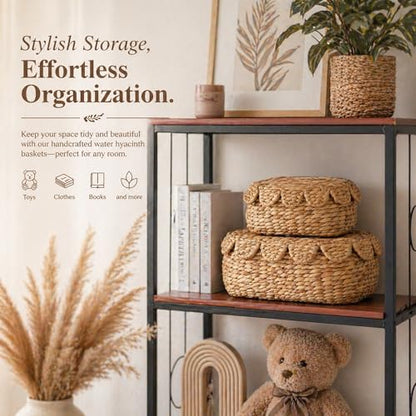 LUSYDECO Set of 2 Wicker Storage Baskets with Lid, Rattan Basket Decorative Boxes, Woven Storage Box Hyacinth Basket with Lids, Small Scalloped Edge Wicker Baskets with Lids
