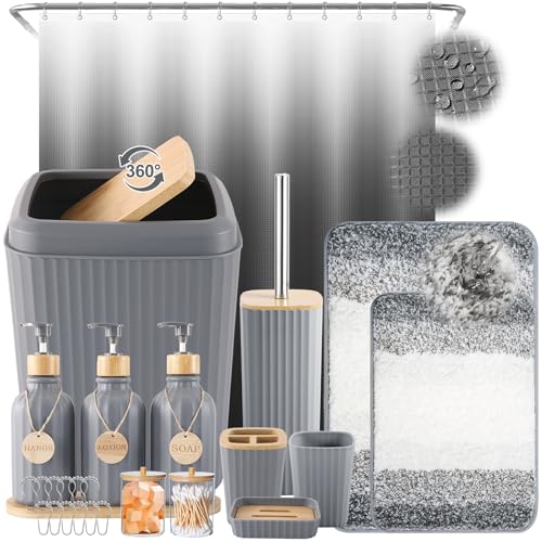32PCS Grey Bathroom Accessories Set with Shower Curtain,Rugs,Trash Can,3PCS Lotion Soap Dispenser, Toothbrush Holder, Soap Dish,Tumbler Cup,6PCS Wood Tags Bath Accessories with Tray for Bathroom - size: Bath Set+Shower Curtain+Bath Rugs, style: Grey