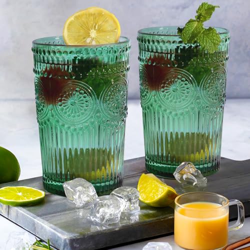 Loivttvv 6pcs Vintage Drinking Glasses Set, 12 oz Dark Green Highball Glasses, Embossed Ribbed Glassware Cups for Cocktail, Water, Juice, Coffee, Whiskey - color: Atroviens