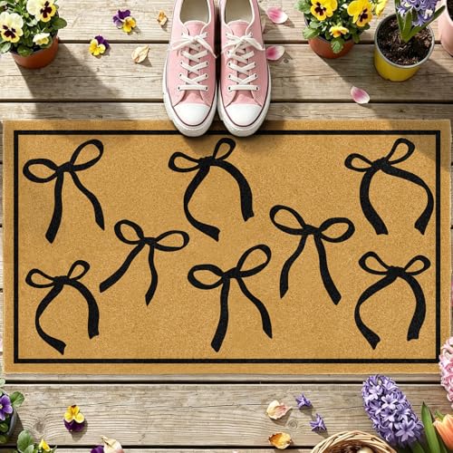 Coir Mats Welcome Mat Front Door Black Bow Rug for Outdoor Entrance 17"x30" - color: Coir Black Bowtie