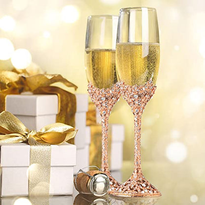 Champagne Flutes - Crystal Glass Metal Base With Crystal Stones, Set of 2 Toasting Flute Pair, Wedding Anniversary Party Birthday Banquets and Gifts for Bride and Groom (Rose Gold) - color: Rose Gold