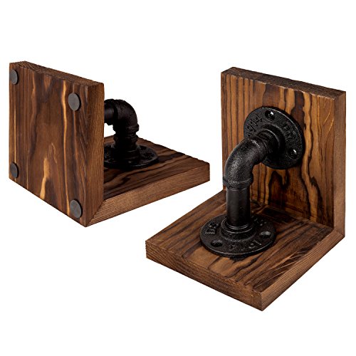 MyGift Rustic Wood Decorative Bookends with Industrial Pipe Design | Realistic Pipe Detail, Stable Support, Rustic Styling, Home Office Accent, Father’s Day Gift, Unique Shelf Display