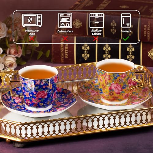 KAMMAK Tea Cup and Saucer, Ceramic Coffee Cups, 4.4 oz, Set of 2 | Porcelain Tea Cups with Saucers for Coffee and Cappuccino, Ideal for Breakfast, Afternoon Tea and Entertaining,647+648N - style: 647N+648N