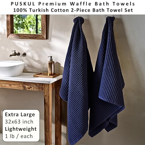 PÜSKÜL 2-Piece Natural 100% Turkish Cotton Waffle Bath Towels Extra-Large | Navy Blue, 32x63" Bath Sheet Towel, Light Soft Absorbent Quick-Dry Lint-Free Premium Honeycomb Weave Oeko-Tex Made in Turkiye - color: Navy Blue