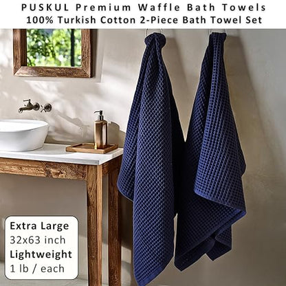 PÜSKÜL 2-Piece Natural 100% Turkish Cotton Waffle Bath Towels Extra-Large | Navy Blue, 32x63" Bath Sheet Towel, Light Soft Absorbent Quick-Dry Lint-Free Premium Honeycomb Weave Oeko-Tex Made in Turkiye - color: Navy Blue