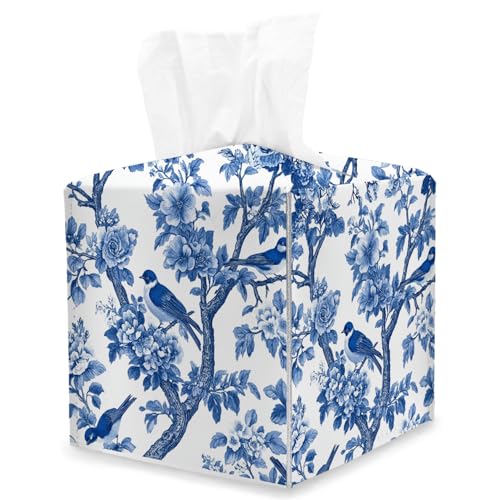 Chinoiserie Tissue Box Cover Square, Blue Floral and Bird Cube Tissue Box Holder, Tabletop Decor Leather Facial Paper Organizer Dispenser for Bathroom Home Car Night Stand Living Room/04 - color: Chinoiserie