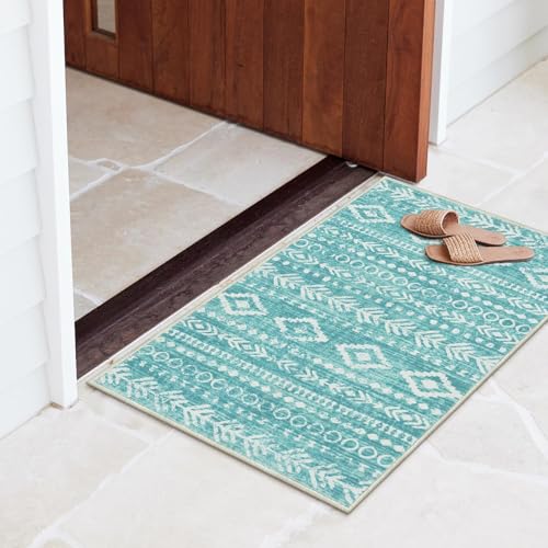 Lahome 2x3 Rustic Geometric Teal/White Area Rug, Machine Washable, Non-Slip Backing, Boho Print Design, Ultra-Thin Soft Indoor Entrance Rug - color: Teal/White, size: 2' x 3'