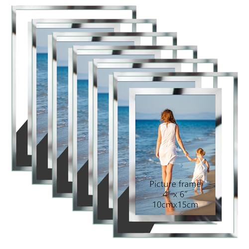 Hoikwo Bulk 4x6 Simple Elegant Picture Frames, 6 Packs Silver Photo Frames 4 by 6, Glass Wedding Frames 4x6, Clear Mirror Wedding Photo Frames, Only for Tabletop Display Vertically or Horizontally - size: 4x6-6 Frames