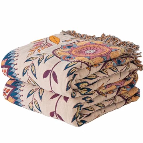 Phuryllic Boho Throw Blanket Twin Size, Soft Cozy Cotton Muslin Quilt Blanket for Bed Decor, Floral Patterned Couch Sofa Chair Cover, Vintage Farmhouse Cottage Tapestry Woven Blanket, Beige&Blue - color: Blissful Wreath, size: 60" x 80"
