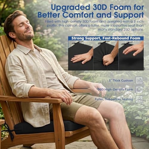 Outdoor Chair Cushions Set of 4, 19x19 Waterproof Patio Pads, Black | Fade resistant fabric with ties, handle and 3-inch foam for dining seats, decks, porches, gardens and hard seating - color: Black