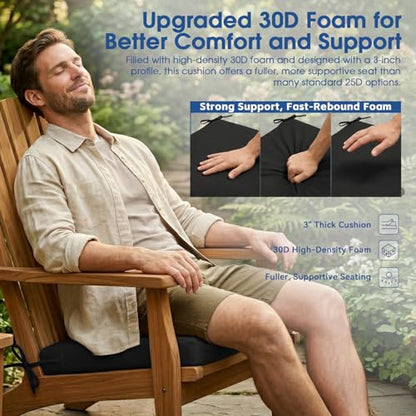 Outdoor Chair Cushions Set of 4, 19x19 Waterproof Patio Pads, Black | Fade resistant fabric with ties, handle and 3-inch foam for dining seats, decks, porches, gardens and hard seating - color: Black