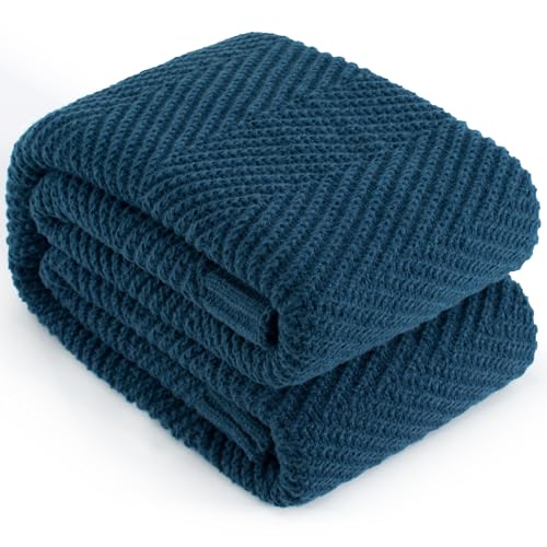 Knitted Throw Blanket for Couch, 50X60 Chevron Bed Knit Throws | Navy Blue Lightweight Living Room Decor, Super Soft Boho Bedding Blankets, Cozy Herringbone Textured, Chair Sofa Cover - color: Navy, size: Throw (50"x60")