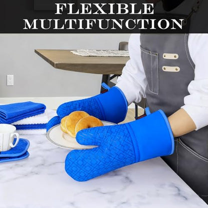 Oven Mitts and Pot Holders Sets 6pcs, Kitchen Oven Glove,High Heat Resistant 550 Degree Extra Long Oven Mitts and Potholders with Non-Slip Silicone Surface for Home Essentials (Grey) (Navy Blue) - color: Navy Blue