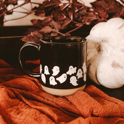 Sweet Water Decor White Ghosts Black Halloween Mugs, 14 oz - Halloween Coffee Mug Dishwasher & Microwave Safe - Fall Mug for Coffee & Hot Cocoa or Seasonal Brew - Black Stoneware Ghost Mugs - style: White Ghosts