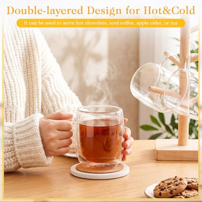 Patelai Glass Coffee Mugs Set of 6, 16 oz Clear Double Walled Coffee Cups Glasses Insulated Latte Mugs with Handle Espresso Clear Cups for Hot and Cold Beverages - color: Clear round, size: 480ml