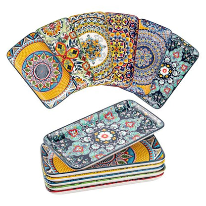 Boho Ceramic Rectangular Serving Plates Set of 6, 10 Inch Dinner Plates | Assorted Patterns, Ideal for Sushi, Salad, Appetizers, Bread & Side Dishes, Microwave & Dishwasher Safe - size: 10 Inch