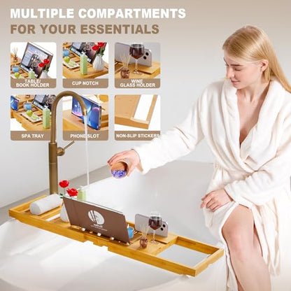 Premium Bathtub Tray Caddy, Expandable Bath Tray, Unique House Warming Gifts,Bamboo-New - color: Bamboo-new