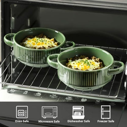 Soup Bowls with Handles, 23 oz French Onion Soup Crocks, Stackable Soup Bowl Oven Safe for Chili, Beef Stew, Embossment Ceramic Bowl Set - 5.4 Inch, Set of 4 (Green) - color: Green