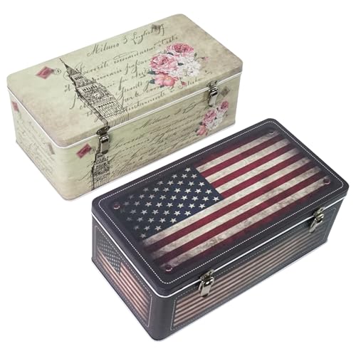 DreamsEden Tin Metal Keepsake Box Set of 2 - Small Storage Box with Lid 11.5’’L, Vintage Decorative Memory Case Gift Boxes for Keepsakes Letter Photos Seed Tea Coffee - color: Vintage USA Flag+Tower