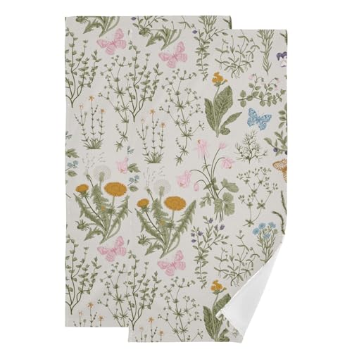 2 Pack Vintage Sage Green Fern Leaves Hand Towels for Bathroom,Absorbent Fingertip Guest Country Butterfly Dandelion Plant Decorative Bath Towels,Soft Dish Towels for Kitchen Decor 14"x28" - color: Sage Green