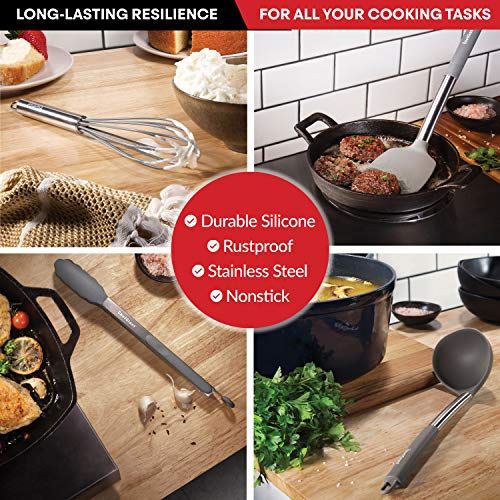 Silicone Cooking Utensils Set - Stainless Steel Handle, 15 Piece Kitchen Utensil Sets | Nonstick, Heat Resistant, BPA Free & Dishwasher Safe | Grey - color: Gray