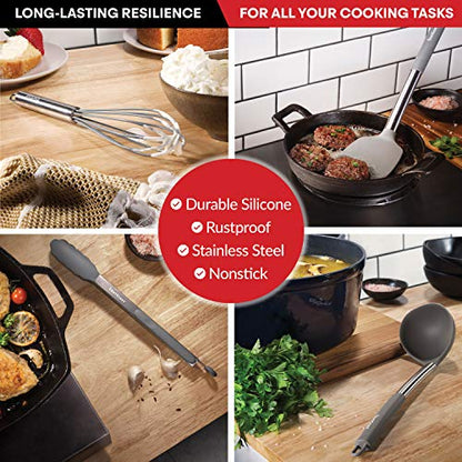 Silicone Cooking Utensils Set - Stainless Steel Handle, 15 Piece Kitchen Utensil Sets | Nonstick, Heat Resistant, BPA Free & Dishwasher Safe | Grey - color: Gray