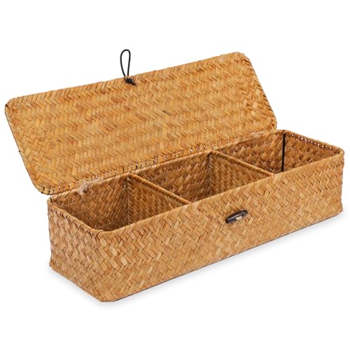 Nonam Seagrass Storage Small Basket with Lid - 3-Section Divided Organizer for Tea,Sugar,Coffee,Tampons - Woven Shelf Bin for Closet, Toilet Tank - Rectangular Narrow Boho Basket Home Decor - color: 3-Divided - Natural