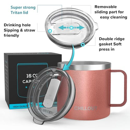 CHILLOUT LIFE Stainless Steel 16 oz - Vacuum Insulated Coffee Mug with Handle and Lid, Large Thermal Camping Coffee Mug Cup with Durable Sliding Lid for Women - Rose Gold - color: Rose Gold, size: 16 Ounces