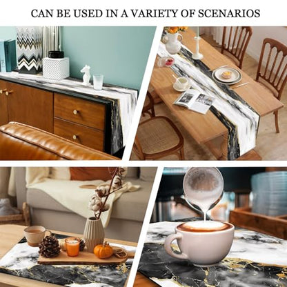 Mcalk Black Marble Table Runner and Placemats Set of 6, Marble Print Placemats, Modern Cloth Place Mats Indoor for Kitchen,Washable Linen Material for Dining Table - color: 02black