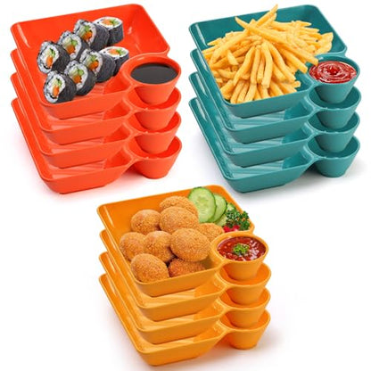 Lawei 12pcs Chip Dip Serving Platter Set, Plastic Dumpling Plates with Sauce Compartment, Square Serving Dish Sushi Plates, Small Dip Tray for Appetizer, Taco Salsa, Fruit, Charcuterie