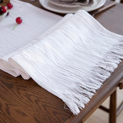 Simple&Opulence Linen Cotton Table Runner - 14 x 108 Inch, Farmhouse Linen Table Runner with Fringed Edges for Bohemian Rustic Wedding, Bridal Shower, Dinner （ White ） - size: 14"x108", style: White