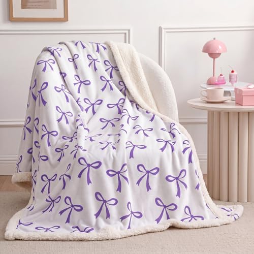 Tegeme Purple Bow Throw Blanket Sherpa Fleece Preppy Coquette Flannel Bow Blanket for Teen Girls Room Back to School Gift White Plush 50" x 60" Aesthetic Soft Bedding for College Dorm Bed Sofa Couch - color: Purple