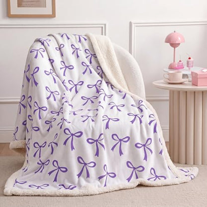 Tegeme Purple Bow Throw Blanket Sherpa Fleece Preppy Coquette Flannel Bow Blanket for Teen Girls Room Back to School Gift White Plush 50" x 60" Aesthetic Soft Bedding for College Dorm Bed Sofa Couch - color: Purple