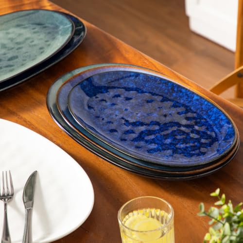 vancasso Ceramic Serving Platters Set of 3, Oval 16/14.7/13.5 Inch Stoneware Serving Dishes for Entertaining, Microwave Safe Serving Trays for Food, Turkey, Cheese, Party, Reactive Glaze Navy Blue - color: Navy Blue