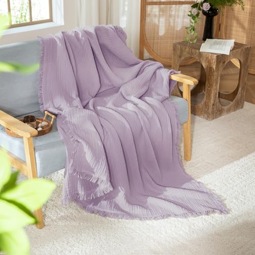 MooMee 100% Cotton Muslin Blanket, Fringed 4-Layer Gauze Bed Couch Throw | Soft Breathable Lightweight Thin Coverlet Summer Blankets for Adults, Bed & Couch All Seasons, Light Purple, 50" x 60" - color: Light Purple, size: Throw