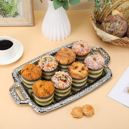Homoyoyo Silver Serving Tray With Handles, Mirror Finish Rectangular Metal Tray 13.5*9 Inch for Food Serving Coffee Table Dessert Platter Stainless Steel Decorative for Kitchen Dining Room Wedding Use