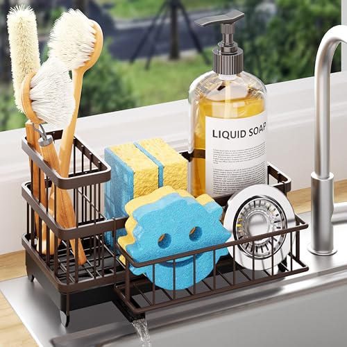 Consumest Sponge Holder for Kitchen Sink - Auto Draining Sink Caddy Organizer with Detachable Rack, High Brush Holder, Kitchen Countertop Storage Accessories, Bronze - color: Bronze, size: Large