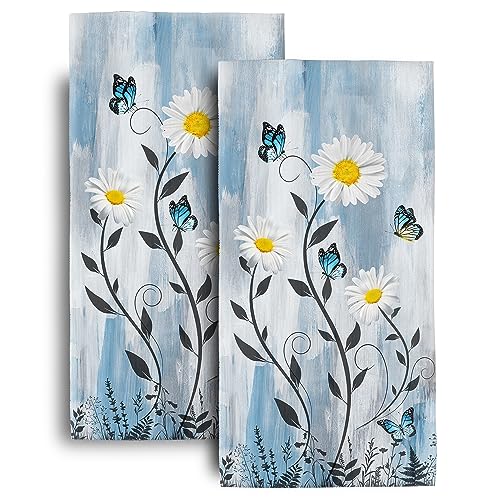 Butterfly and Daisy Floral Bath Hand Towels Set of 2 Soft Absorbent Flowers Blue Decorative Hand Towels for Bathroom Kitchen Beach Spa Gym Yoga Home Decor 14"x28" - color: Butterfly Flower