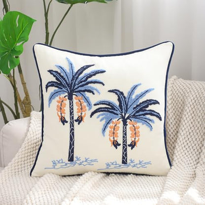 Embroidered Throw Pillow Covers 18x18 Pack of 2 Blue Palm Tree | Ocean-Themed,Durable Fabric,Square Pillow Cover,Boho Decorative,Hidden Zipper,Aesthetic Design,Ideal Gift,Machine Washable - color: Blue Palm Tree