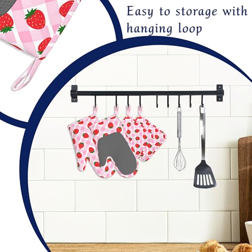Cute Strawberry Pot Holders and Oven Mitts Set Silicone Pink Check Plaid Kitchen Gloves Potholders Heat Resistant Washable,Chef Cooking Baking Gifts for Women Men Bakers Lover Cooks - color: Cute Strawberry,pink Check Plaid